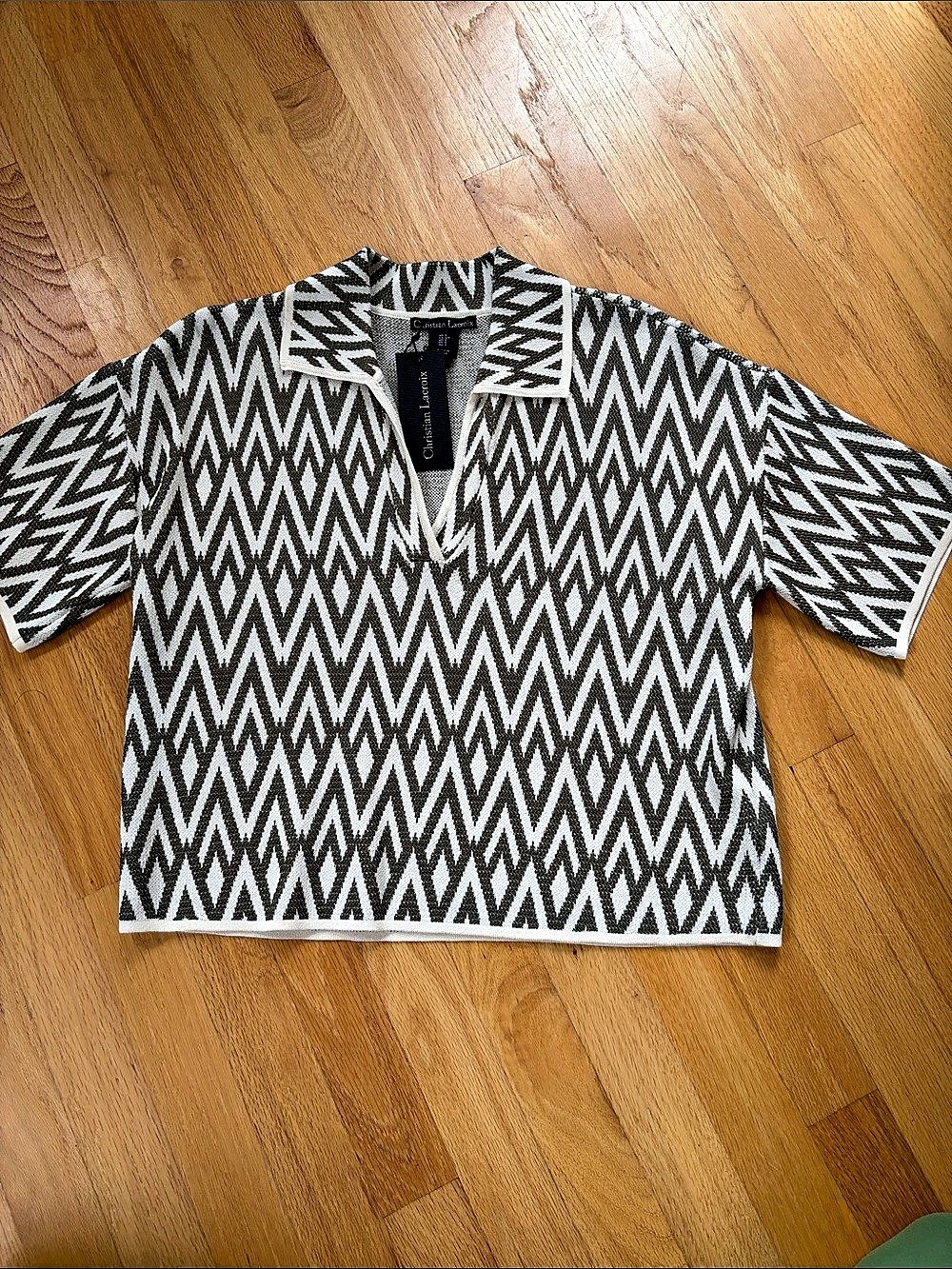 Christian Lacroix Geometric Knit Top in Gray & White Size Small NWT